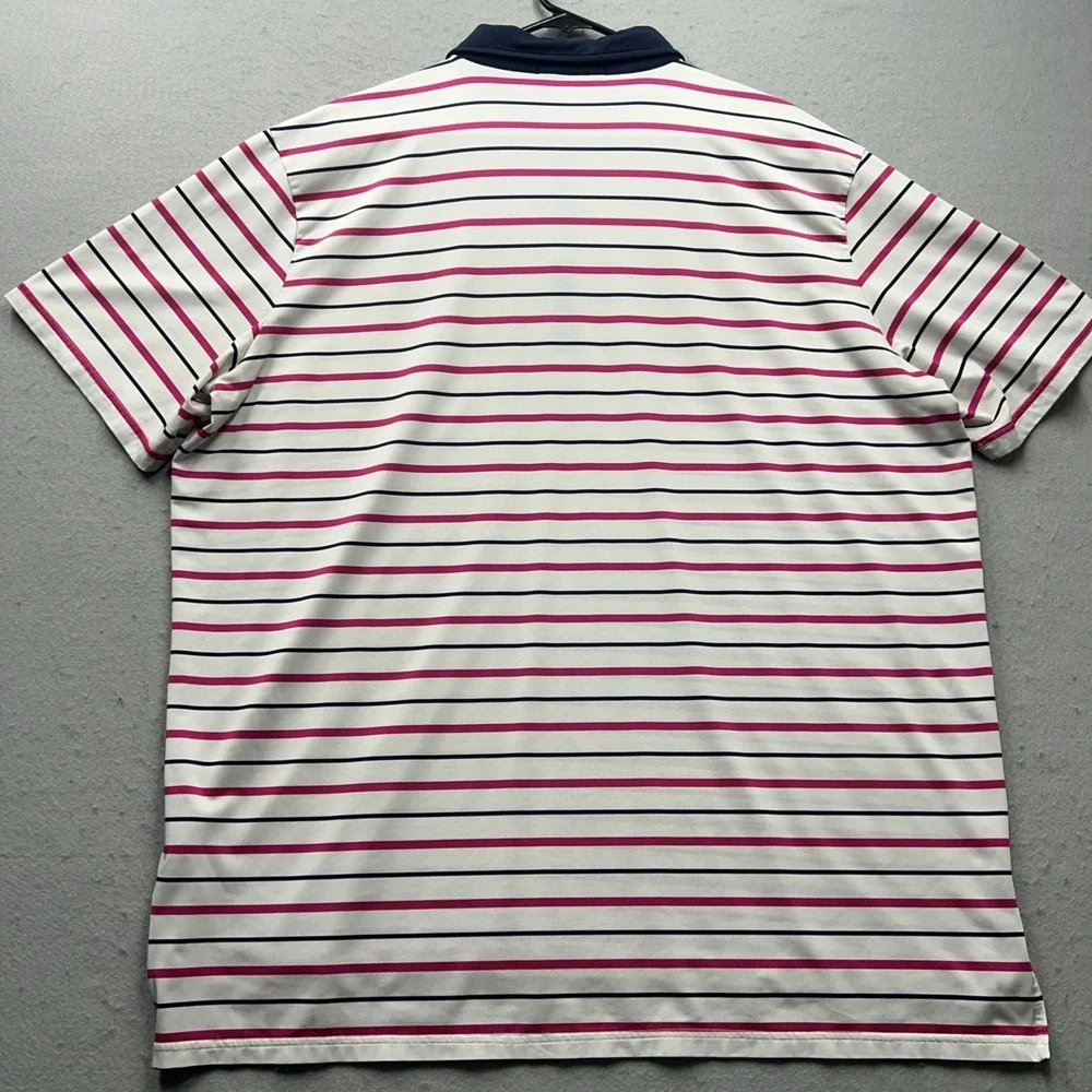 RLX Ralph Lauren Polo Shirt Mens 2XL Pink White Striped Golf Performance Pocket